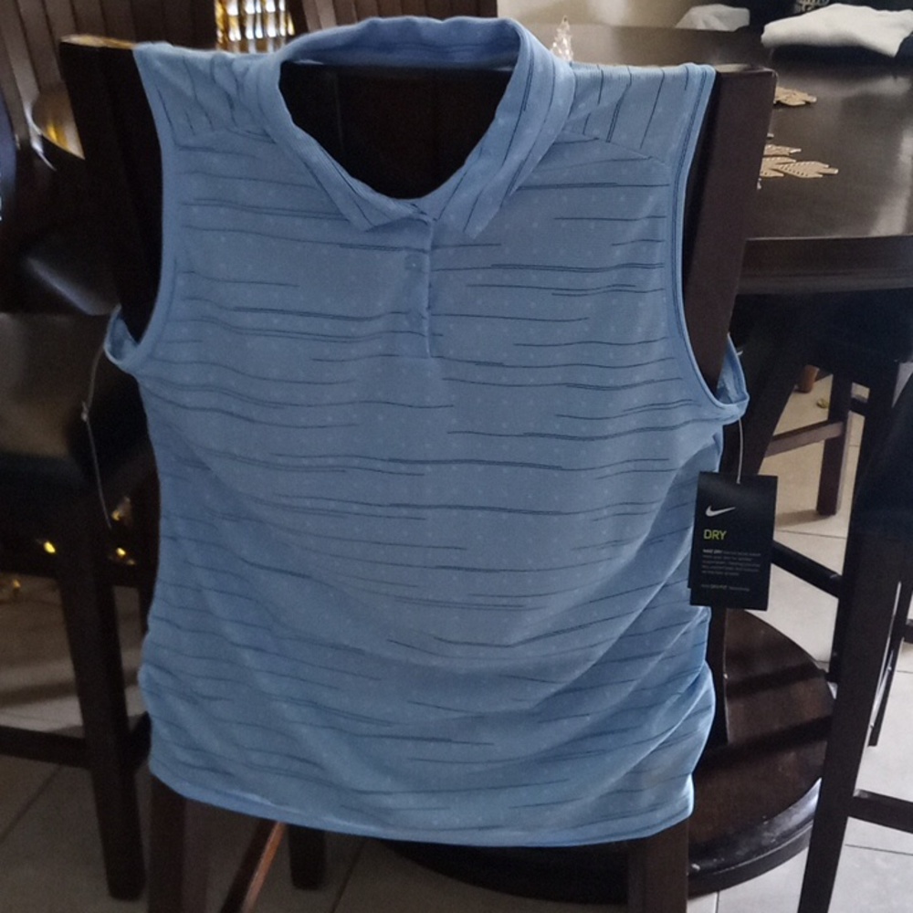 NWT Nike Blue white dot stripped Sleeveless Polo golf  L